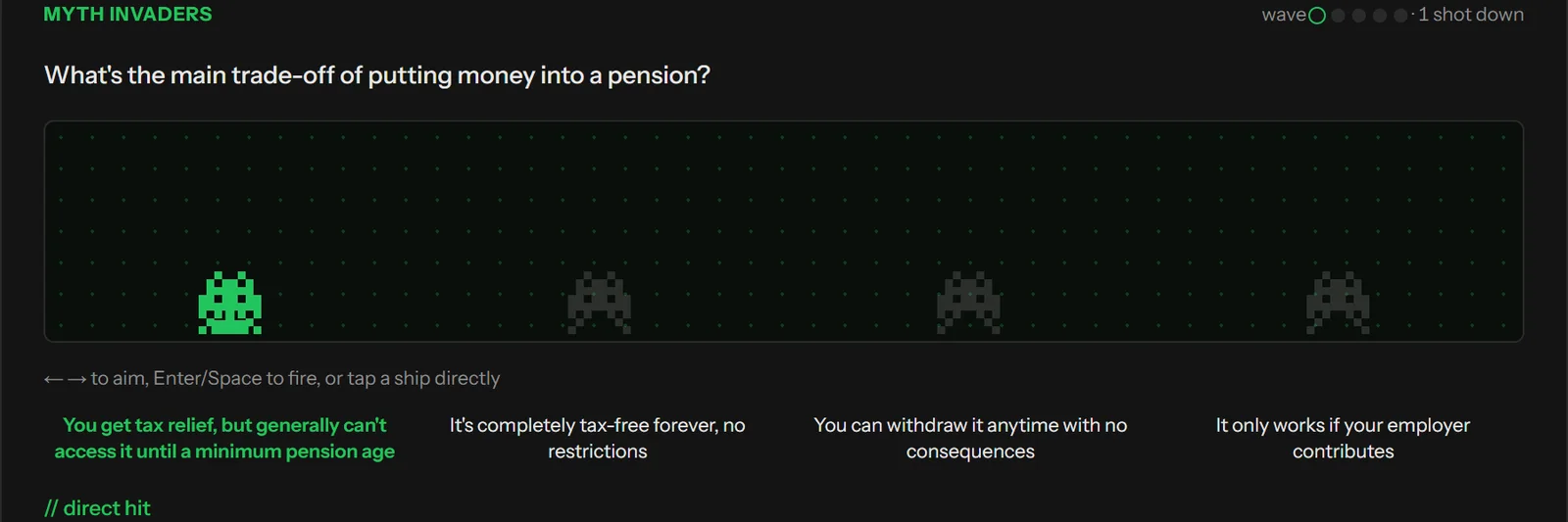Myth Invaders, one of the Learning Hub's recap games: a row of pixel invaders above the four answers to a pension question, the right one lit green after a direct hit.
