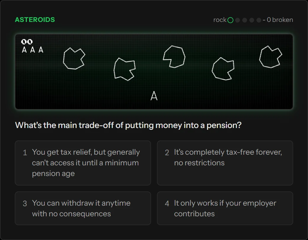 Asteroids, one of the Learning Hub's recap games: wireframe rocks drifting over a glowing field, above the four answers to a pension question.